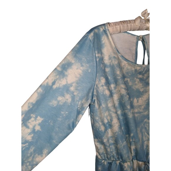 Romper Women's Sz L Blue White Tie Dye Long Sleeve Keyhole Tie Back One Piece - Picture 2 of 7